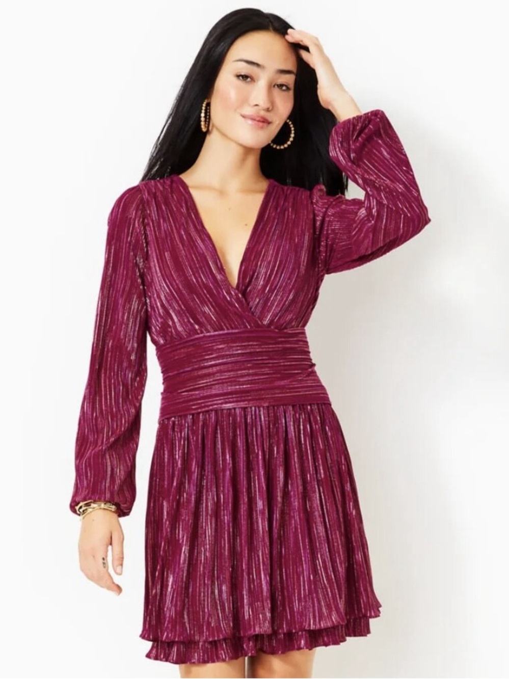 Lilly Pulitzer Jessamie Metallic Mulberry Foil Crinkle Wrap Dress Sz 8 NWOT